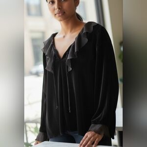 NOTATIONS XL BLACK VELVET RUFFLED NECK BLOUSE